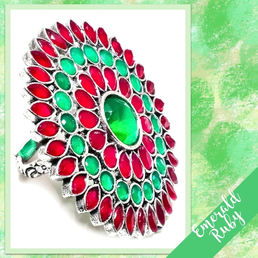 Large Emerald & Ruby Bollywood Style Cluster Ring… - image 3